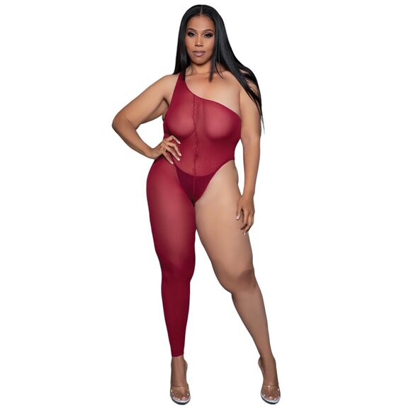 Asymmetrical Bodystocking One Shoulder Leg - Burgundy - Picture 3 of 4